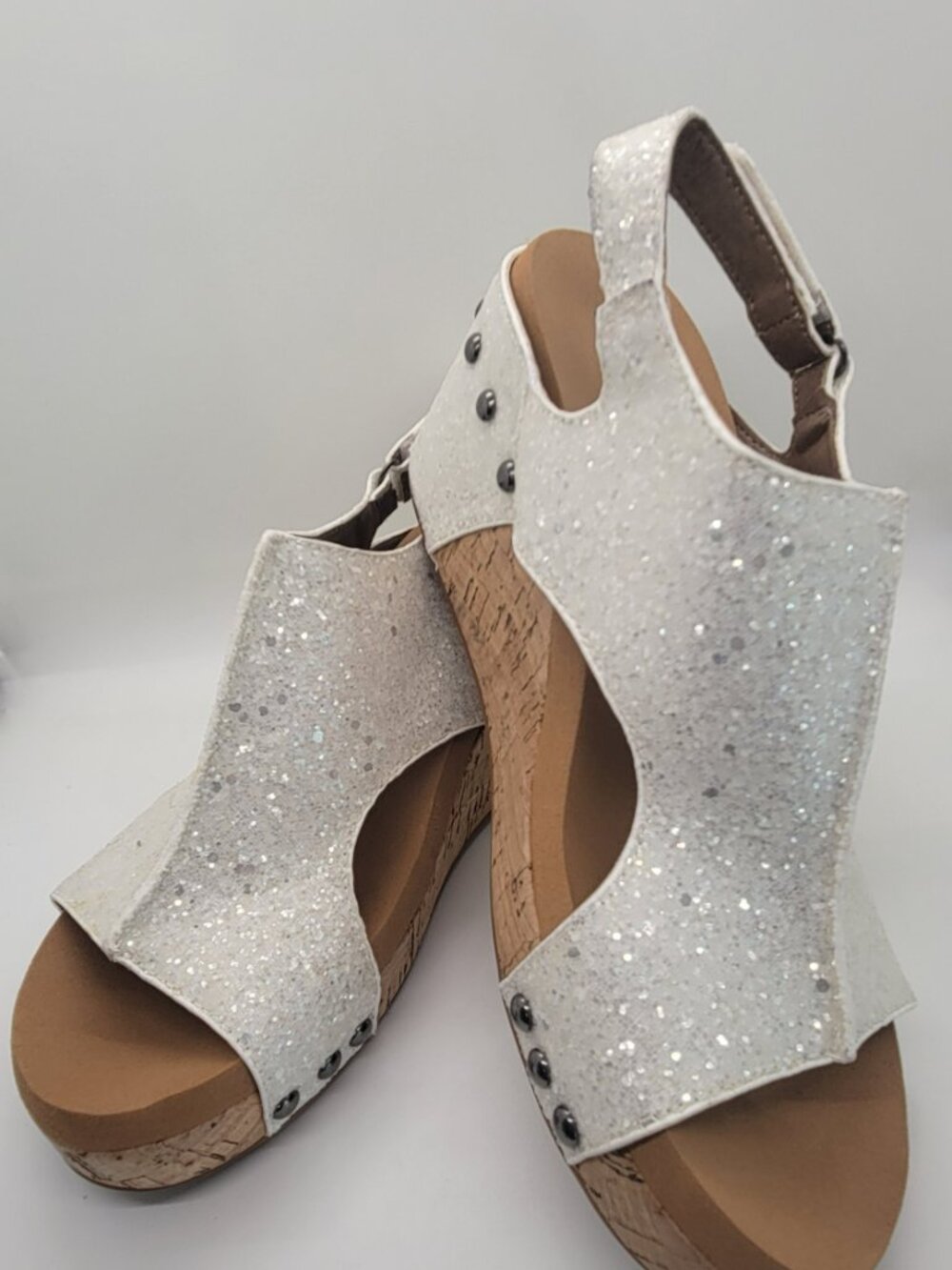 Corkys Carley Women 7 White Glitter Wedge Sandals Studded Platform Espadrille - Picture 12 of 14